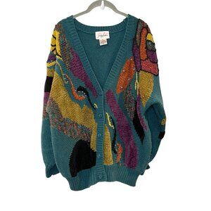 90s Jaclyn Smith Oversize Cardigan Button Art to Wear Teal Maroon Funky Cosby